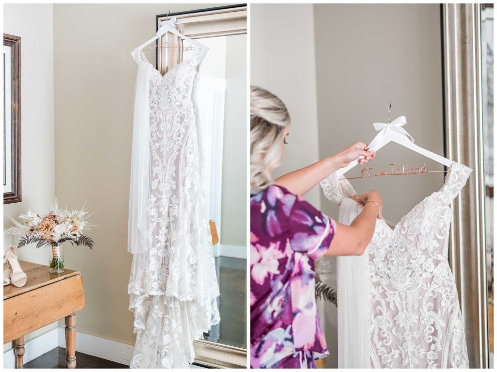 Bride getting in dress at Bowing Oaks Plantation